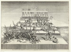 Représentation théâtrale sur la guerre et la paix; entrée de Ferdinand à Gand en 1635 (n° 42) Talia secla, suis dixerunt, currite, fusis concordi stabiles fatorum numine parcae Theatrum Genethliacon Caroli V - Anonymous