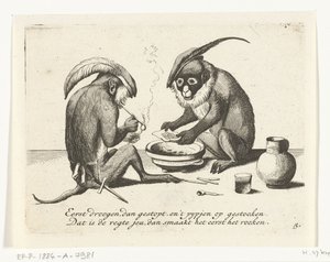 Deux singes fumant une pipe (Verschillende bedrijven uit het menselijke leven door apen voorgesteld)