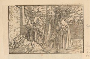 Deux hommes et un singe montrant ses fesses