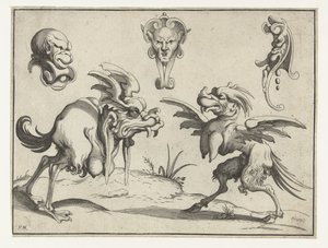 Deux monstres avec trois masques au-dessus (série Figures grotesques entourées d