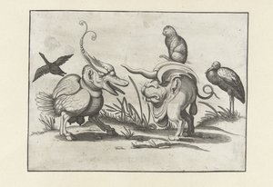 Deux monstres avec chat, oie et cigogne