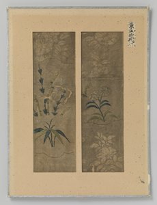 Deux fragments de textile sur une feuille, broderie et impression sur soie - Anonymous