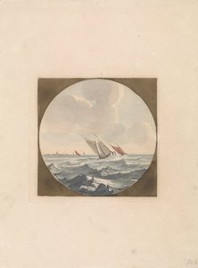 Deux voiliers en mer et une ville sur la côte (Navires en mer, série B)