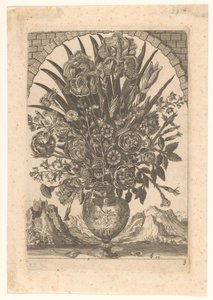 Vase avec des fleurs et paysage de montagne