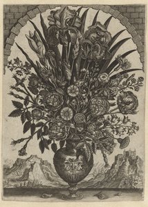 Vase avec des fleurs dans une fenêtre en arc - Anonymous