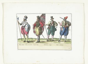 Quatre militaires en uniformes selon la mode aux Pays-Bas et en Angleterre, vers 1580 (Costumes militaires des Pays-Bas)