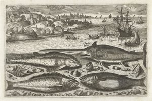 Quatre poissons sur la plage (série de poissons) - Anonymous