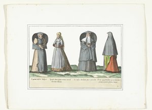Quatre femmes habillées selon la mode à Anvers, Brabant et 