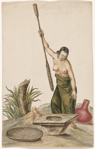 Femme avec pilon à riz, bloc de riz, tamis et cruche - Anonymous