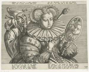Femme avec un miroir et un bouffon : caricature du col raide coûteux, vers 1600 - Anonymous