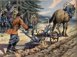 Un paysan russe labourant le champ avec l