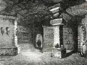 Une galerie des catacombes à Paris au 19e siècle. Gravure. Collection privée - Anonymous Anonymous