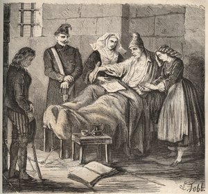 Un mariage au bagne de Rochefort au XIXe siècle. Gravure dans "Histoire des bagnes depuis leur création à nos jours" (1877) par Pierre Zaccone (1817-1895). Collection privée.