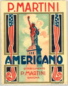 Publicité pour le short drink italien Americano, avec drapeau américain et statue de la liberté - Anonymous Anonymous