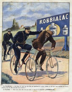 Publicité pour la peinture Robbialac : des policiers accusent un cycliste de voler son vélo car il semble neuf grâce à la peinture Robbialac. Gravure dans « Le petit journal illustré »