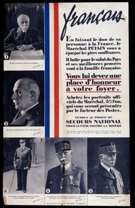 Affiche publicitaire pour la vente de portraits du maréchal Philippe Pétain pendant la Seconde Guerre mondiale et louant Pétain (vendu au profit du secours national pour lutter contre la pauvreté)