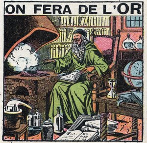 Alchimiste du Moyen Âge dans son laboratoire cherchant à fabriquer de l