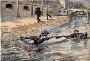 Un sauvetage ingénieux : près du pont du Saint-Père, une femme ayant précipité dans la Seine est sauvée par un homme qui a aidé une autre femme. Gravure du journal « Le Petit Parisien », 8/03/1908. Collection privée. - Anonymous Anonymous
