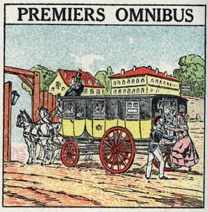 Traction animale : premier omnibus apparu en France sous Charles X (1824-1830). Illustration anonyme de 1925. Collection privée.