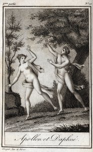 Apollon et Daphné. La nymphe Daphné se transforme en laurier pour échapper à Apollon. Gravure de 1819 dans "Lettres à Emilie sur la mythologie" par Charles Albert Demoustier (1760-1801). Collection privée. - Anonymous Anonymous