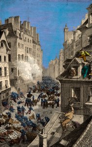Bataille à la barricade de la rue Saint-Antoine en 1830. Gravure. Collection privée