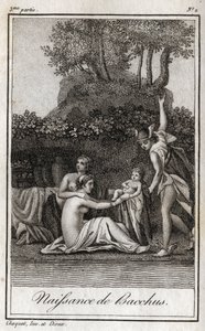 Naissance de Bacchus, fils de Jupiter et Sémélé. Gravure de 1819 dans « Lettres à Émilie sur la mythologie » par Charles Albert Demoustier (1760-1801). Collection privée