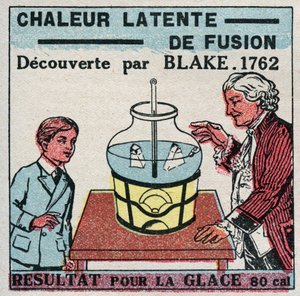 Calorimétrie : la chaleur latente de fusion découverte par Joseph Black (1728-1799) en 1761-1762. Résultat pour la glace. Illustration anonyme de 1925. Collection privée.