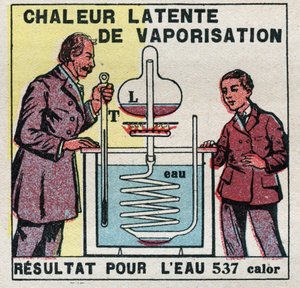 Calorimétrie : la chaleur latente de vaporisation mesurée par le calorimètre de Marcellin Berthelot (1827-1907). Illustration anonyme de 1925. Collection privée - Anonymous Anonymous