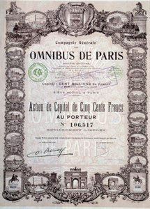 Part de capital de 500 Francs dans les omnibus de Paris, 20e siècle Coll. Part - Anonymous Anonymous