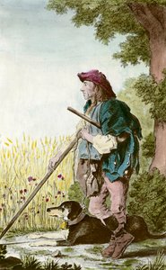 Caractère de la garde récolte : un paysan surveillant les champs avec son chien (estampe du 18e siècle, collection privée) - Anonymous Anonymous