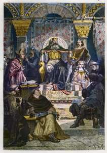 Charlemagne (742 - 814) sur son trône présidant l