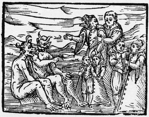 Enfant admis au sabbat pour la première fois - "Compendium Maleficarum", traite des sorcières, de leurs maux et de leurs sortilèges par Francesco Maria Guazzo ou Guaccio ou Guaccius (15?? -16??) 1608 Collection Privée - Anonymous Anonymous