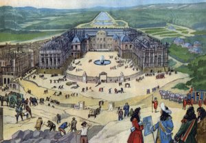 Construction du château de Versailles en 1678 selon les plans de Jules Hardouin Mansart au premier plan le roi Louis XIV. - Anonymous Anonymous