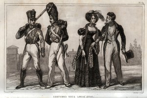 Costumes sous Louis XVIII. Gravure de 1859 dans "Le Monde. Histoire de tous les peuples depuis les temps les plus reculés jusqu