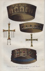 Couronnes des souverains du Royaume Lombard (568-774), conservées dans la Basilique Saint-Jean de Monza - gravure de 