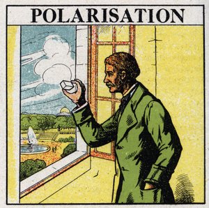 Double réfraction : Étienne Louis Malus (1775-1812) observe à travers un spath la lumière du soleil couchant réfléchie par les fenêtres du Luxembourg en 1808. Illustration anonyme de 1925. Collection privée.