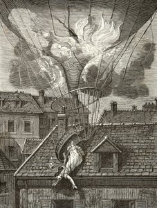 Mort dramatique de Madame Sophie Blanchard (1778-1819), aéronaute, le 6 juillet 1819 au-dessus des jardins de Tivoli à Paris, Gravure, Collection privée