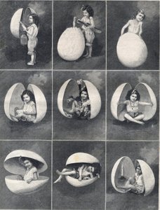 Œufs de Pâques : une petite fille dans un œuf. Gravure dans Le Petit Parisien.