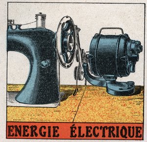 Énergie électrique : machine à coudre électrique. Illustration anonyme de 1925. Collection privée.