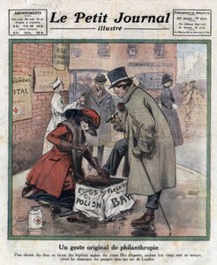 Jeunes filles élégantes, leur visage caché derrière un masque, cirent les chaussures des passants londoniens pour collecter des fonds pour les hôpitaux anglais. Illustration tirée de "Le petit journal illustré" du 06/11/1921 - Anonymous Anonymous