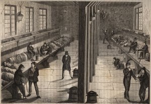 Évasion de trois forçats dans la salle Saint-Gilles du bagne de Rochefort le 28 décembre 1840. Gravure dans « Histoire des bagnes depuis leur création à nos jours » (1877) par Pierre Zaccone (1817-1895). Collection privée