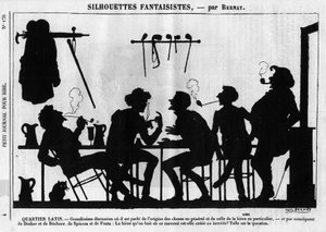 Silhouettes fantastiques par Bernay. Caricature sur les intellectuels parisiens : « Quartier Latin. Grande discussion où l