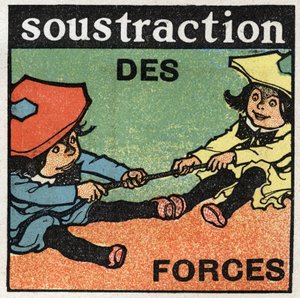 Forces : soustraction des forces. Deux enfants tirant une corde. Illustration anonyme de 1925. Collection privée