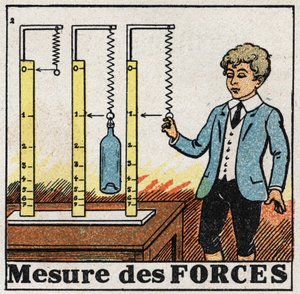 Forces : utilisation de ressorts appelés dynamomètres pour mesurer les forces. Illustration anonyme de 1925. Collection privée. - Anonymous Anonymous