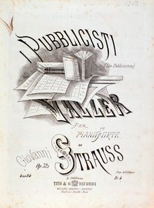 Frontispice de la partition musicale de Les Publicistes (Op. 321) par Johann Strauss