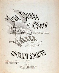 Frontispice de la partition musicale de Vin, Femmes et Chansons par Johann Strauss