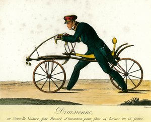 Histoire de la bicyclette : la draisienne, une nouvelle voiture très populaire vers 1818. Gravure de 1818. Collection privée