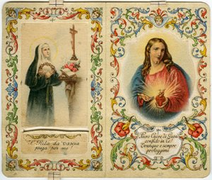 Image pieuse avec sainte Rita de Cascia et Jésus au Sacré-Cœur