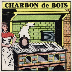 Chauffage domestique : utilisation du charbon dans un poêle. Illustration anonyme de 1925. Collection privée.