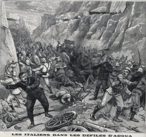 Les Italiens combattant à Adoua en Éthiopie. Gravure dans "Le Petit Parisien"